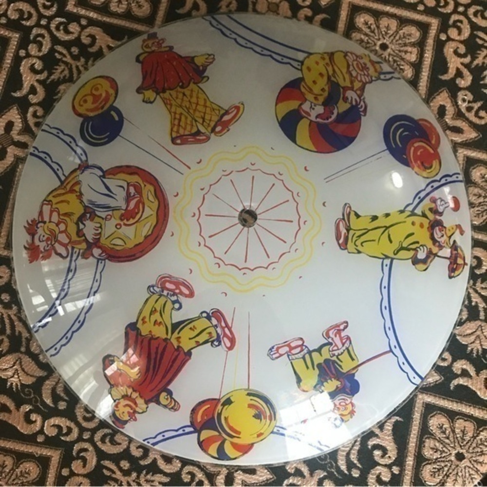 Mid Century Reverse Painted Clown Motif Ceiling Light Globe Nursery Rec Room